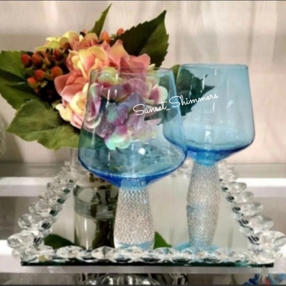 2 New Ice BLUE Rhinestone Crystal Cocktail Bar Wine Glass Goblets NEW - Picture 5 of 5